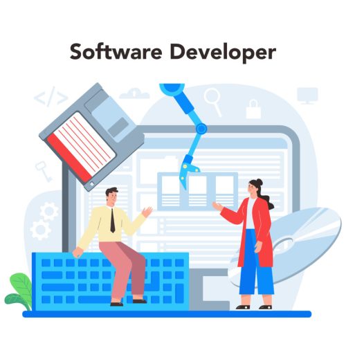 Software developer concept. Idea of programming and coding, system development. Digital technology. Software developing company writing code. Isolated vector illustration